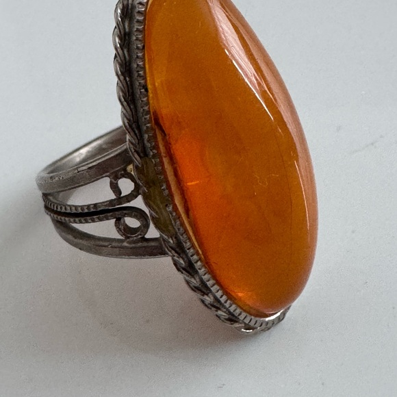 baltic amber Jewelry - Vintage Baltic Amber Processed Metal Silver Tone